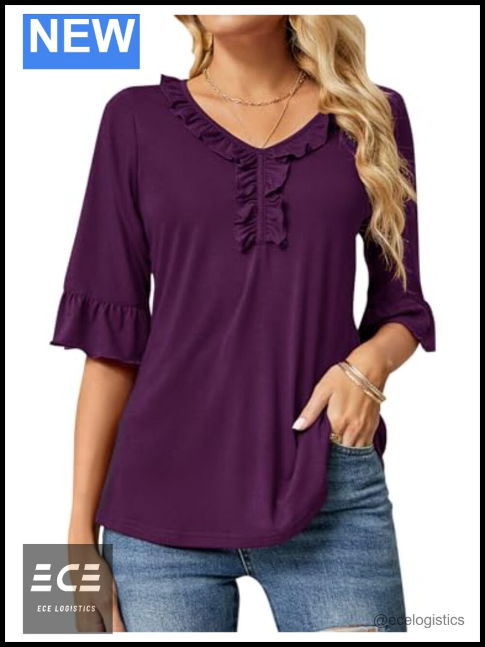 Womens V Neck Ruffle Tunic Top 3/4 Bell Sleeve Loose Fit Blouse